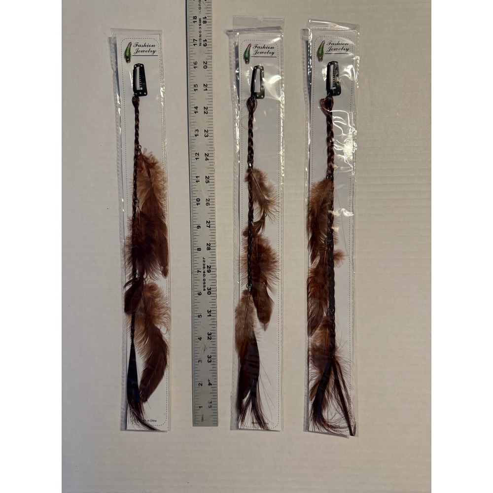 Vintage 1990s NOS Feather Hair Extensions Clips Set of 3 Mocha Brown Braided